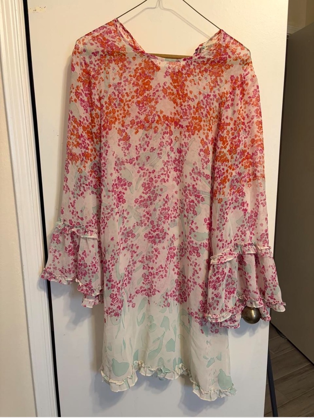 Max Studio Pink and Orange Floral Ruffle-Sleeve Tunic